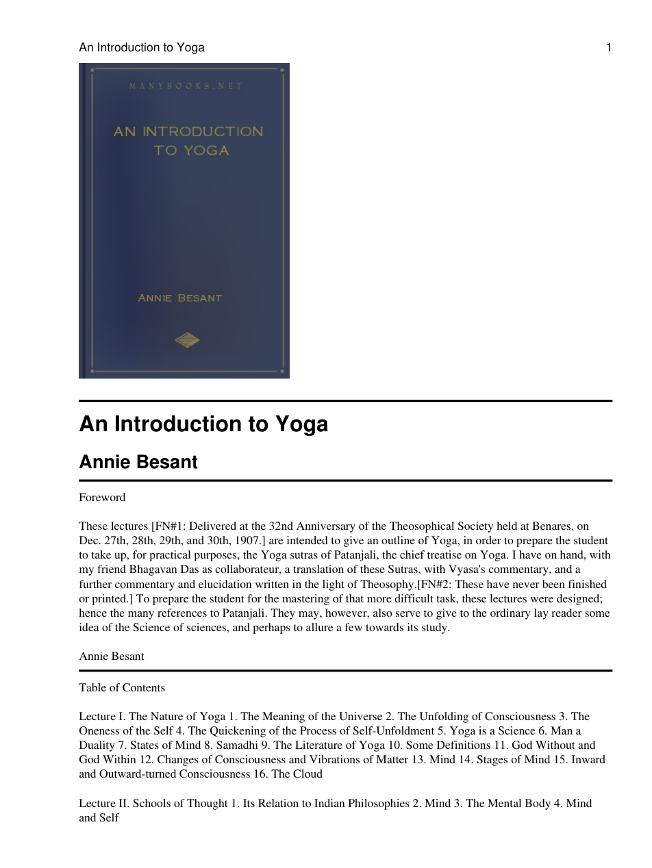 Annie Besant - Introduction to Yoga (2008, Arc Manor LLC) cover