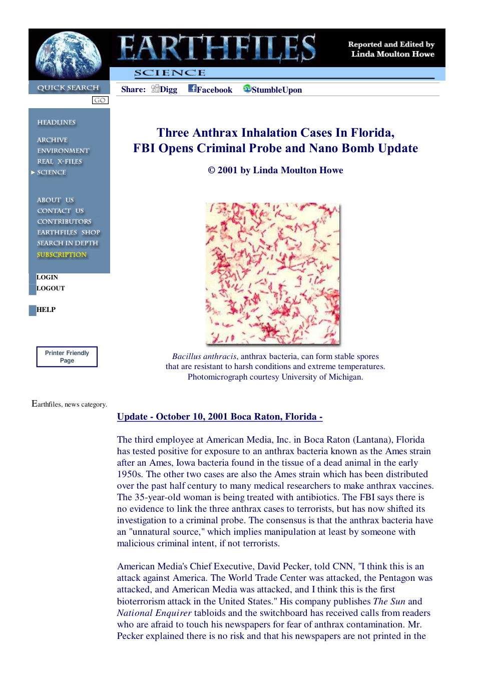 10 10 2001 Three Anthrax Inhalation Cases In Florida FBI Opens Criminal Probe - Nano Bomb Update cover