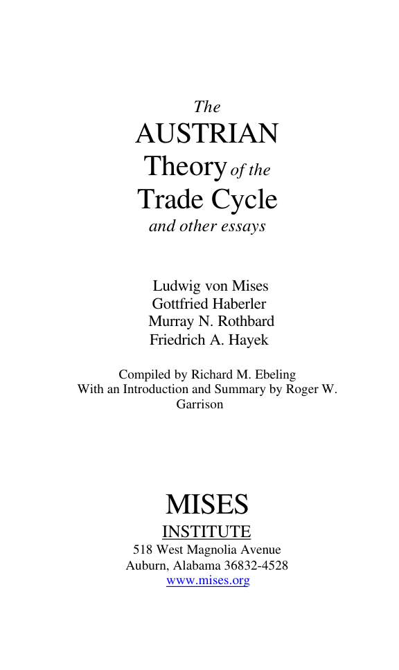 Murray Rothbard - Austrian Theory Of The Trade Cycle cover