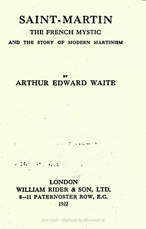 Arthur Edward Waite - Saint-Martin, the French Mystic (1922) cover