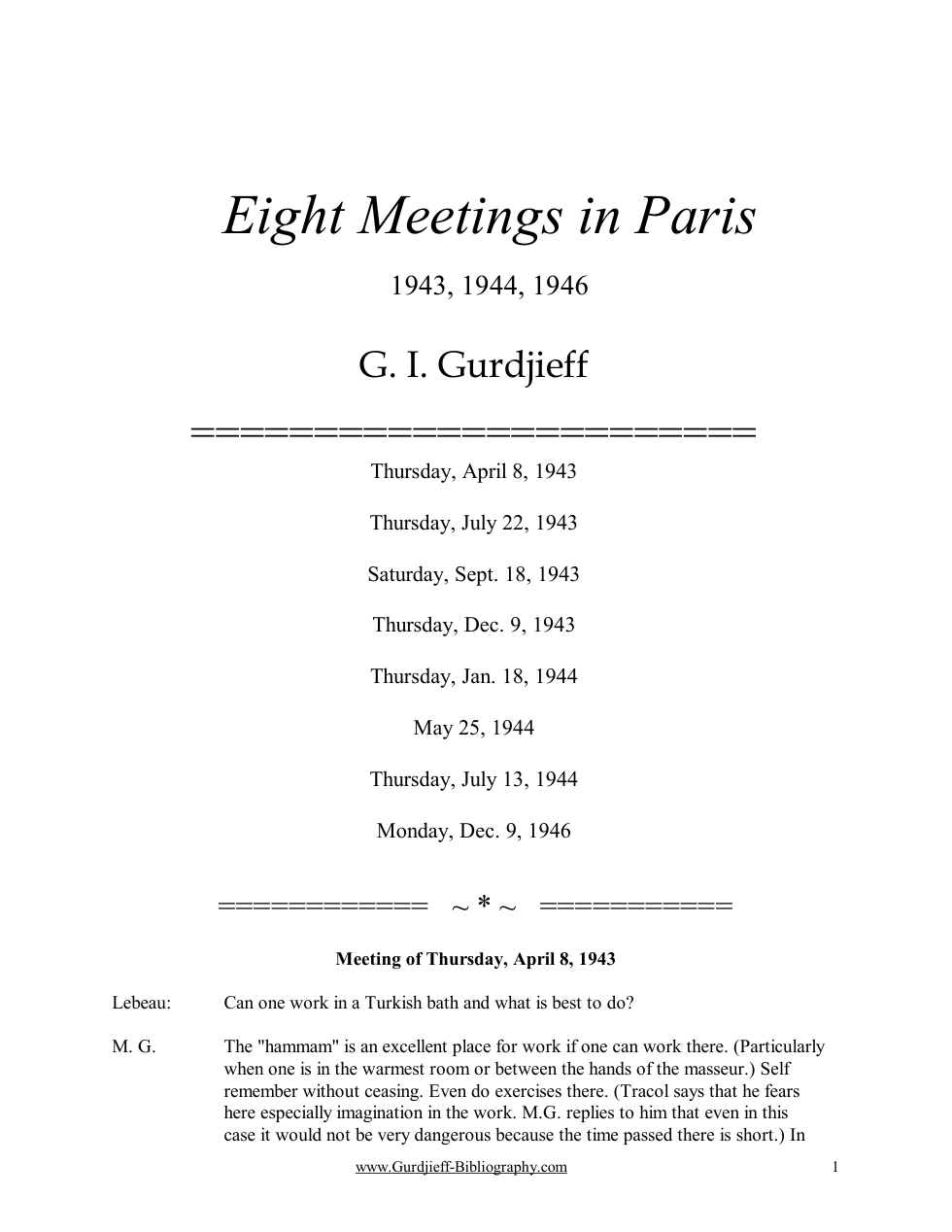 Gurdjieff - Eight meetings cover