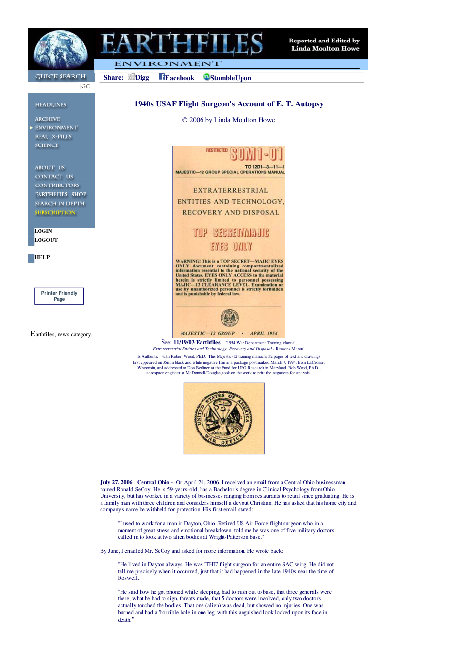 07 28 2006 1940s USAF Flight Surgeon's Account of E. T. Autopsy cover