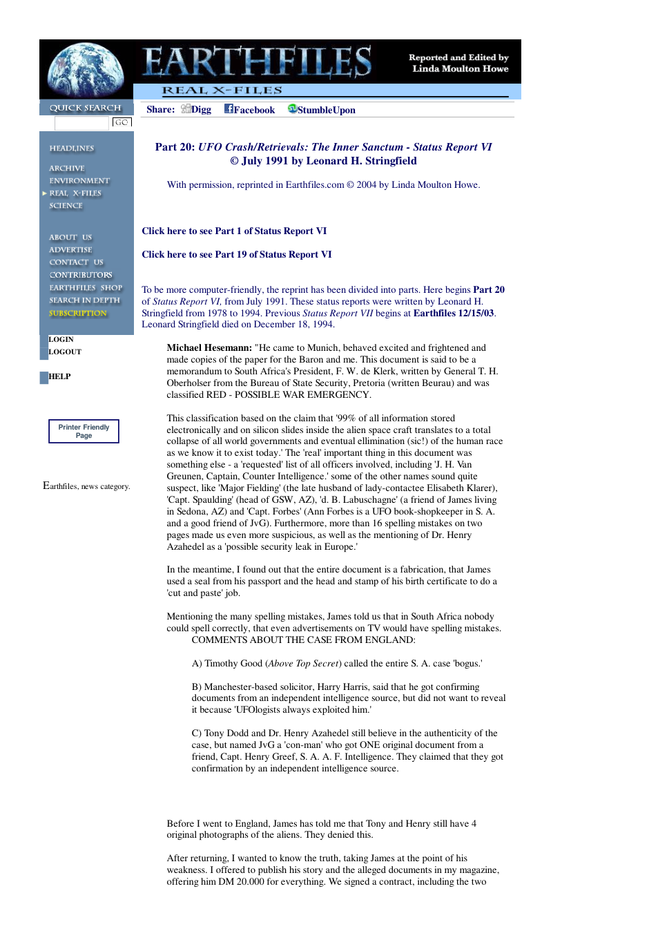 11 26 2004 Part 20 UFO Crash Retrievals The Inner Sanctum - Status Report VI July 1991 by Leonard H. Stringfield cover