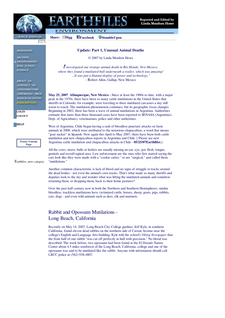 05 25 2007 Update Part 1, Unusual Animal Deaths cover