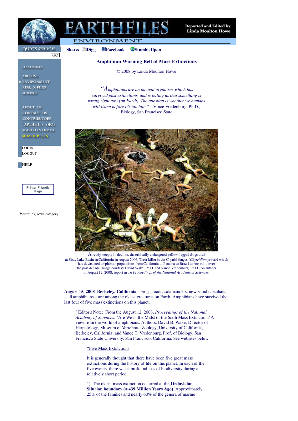 08 15 2008 Amphibian Warning Bell of Mass Extinctions cover