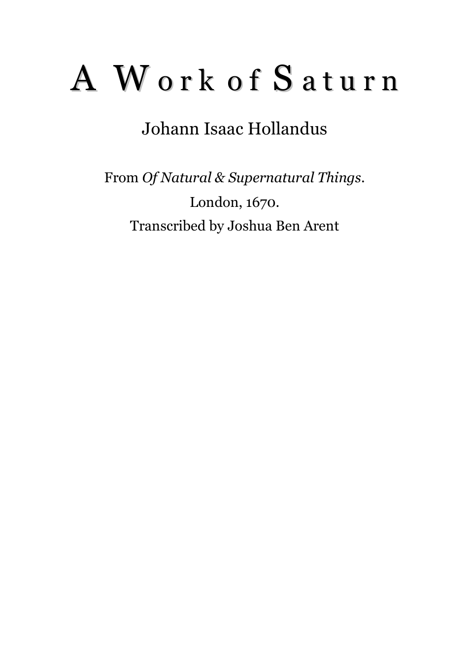 A Work Of Saturn 1670 - J I Hollandus cover