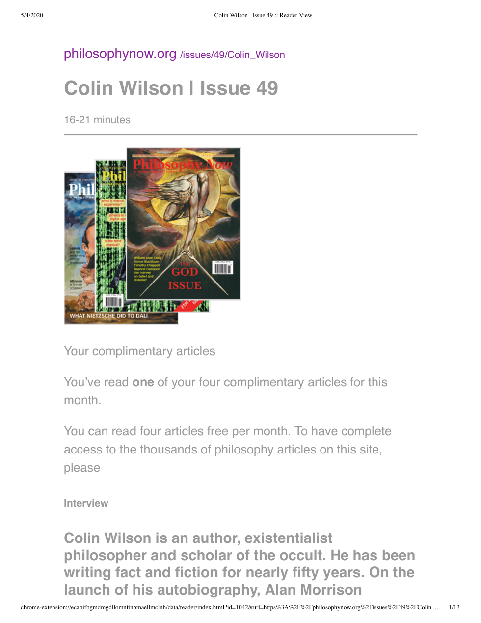 Colin Wilson - Interview - Philosophy Now Issue 49 cover