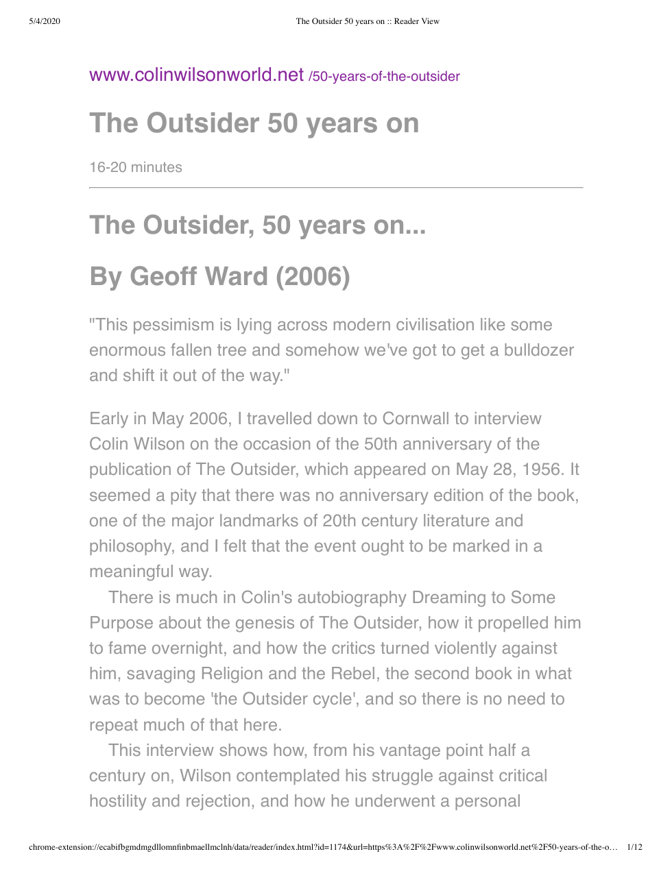 Colin Wilson - Interview - Outsider 50 Years On cover