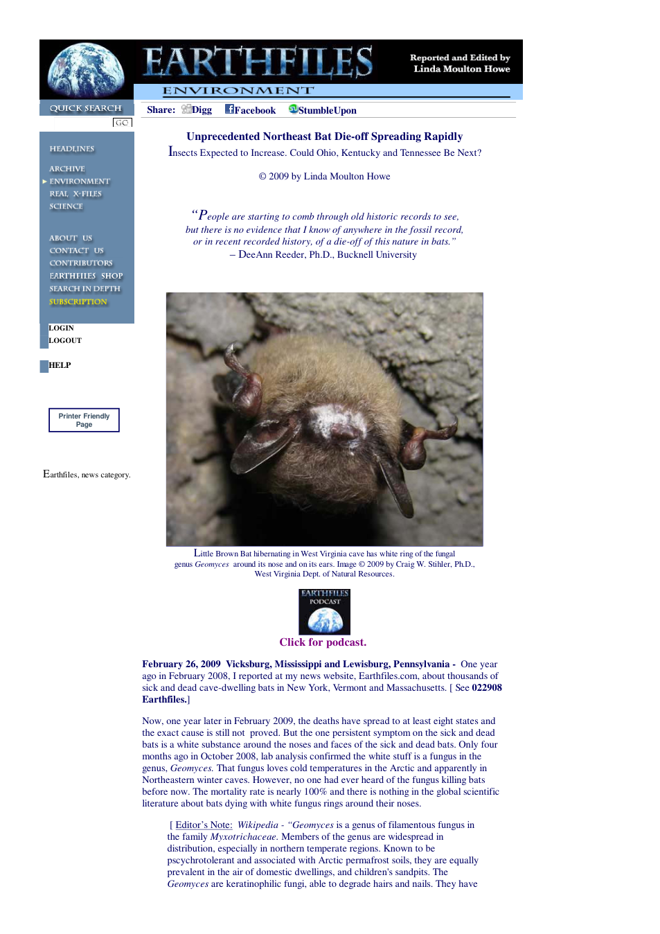 02 26 2009 Unprecedented Northeast Bat Die-off Spreading Rapidly cover