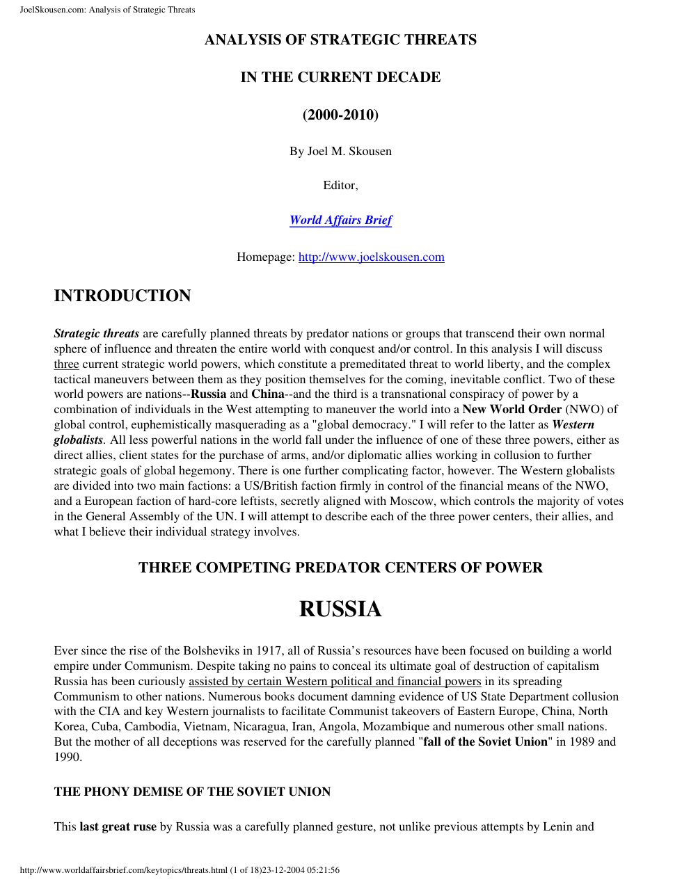 Analysis of Strategic Threats in the current Decade (Joel M. Skousen) cover