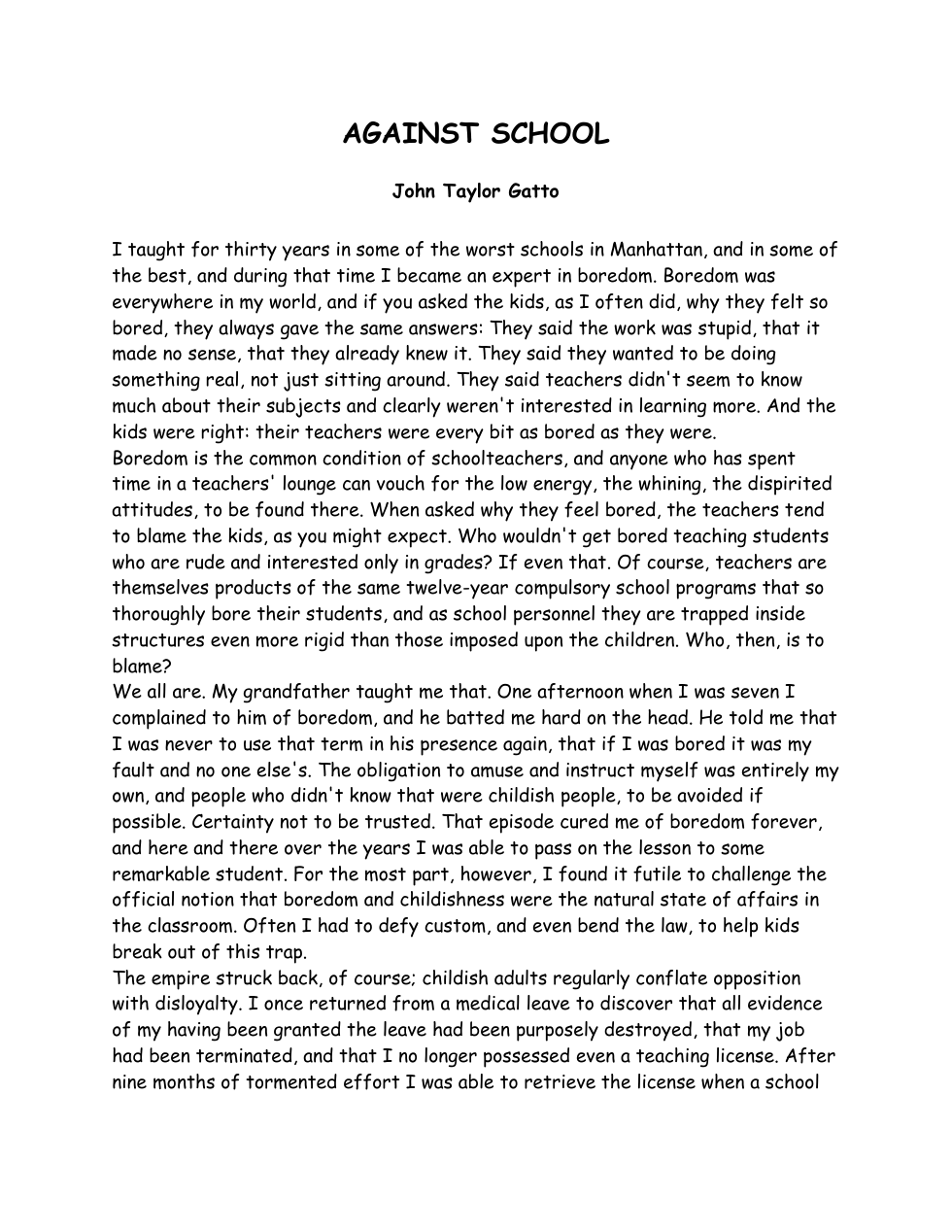 John Taylor Gatto - AGAINST SCHOOL cover