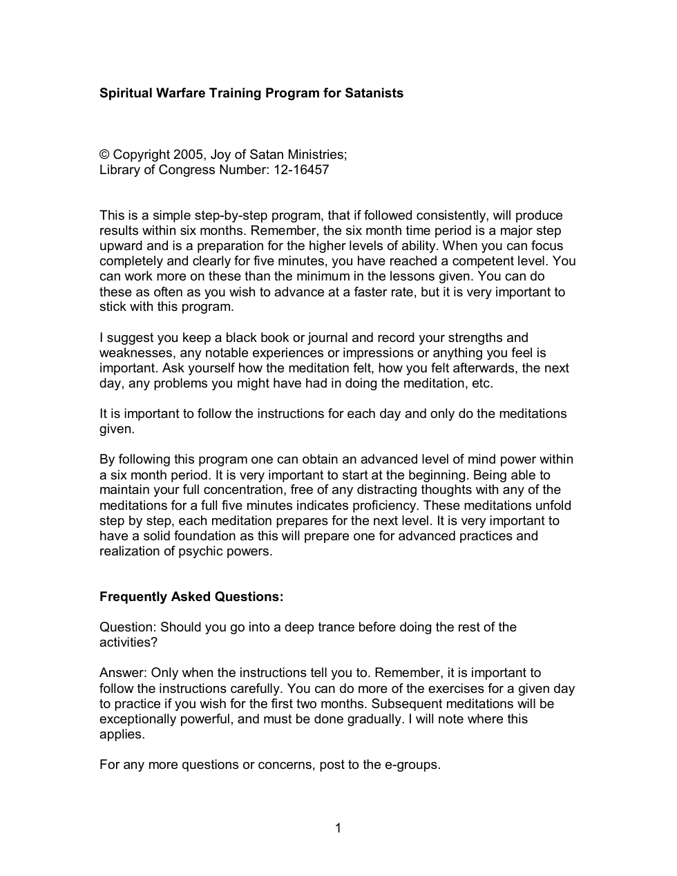 Spiritual Training Program for Satanists cover