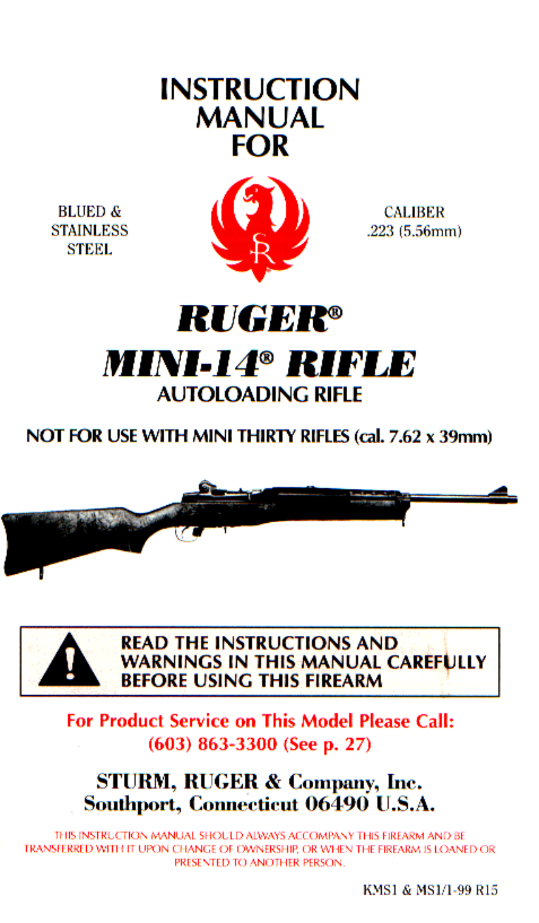 Ruger Mini-14 .223mm Cal Autoloading Rifle 1973 48 pgs cover
