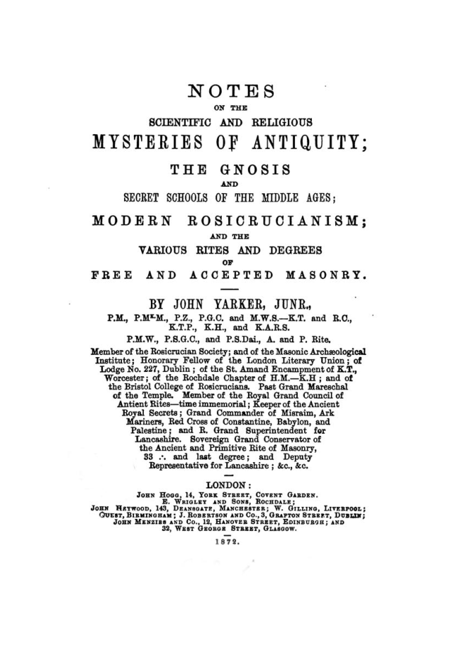 Scientific & Religious Mysteries Of Antiquity - J Yarker cover