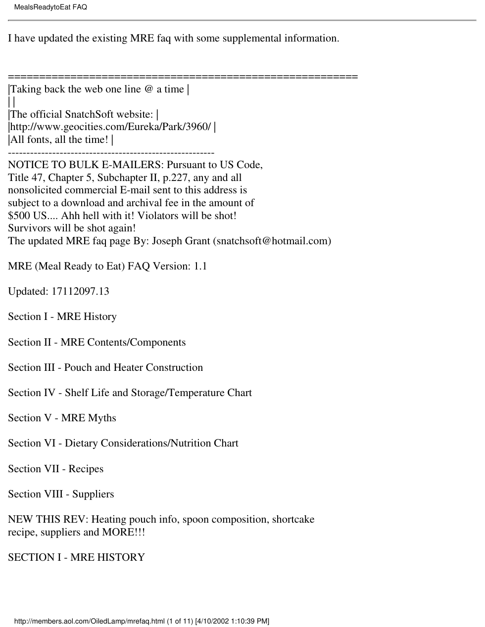 MREs - Meals Ready to Eat FAQs 2002 11 pages cover