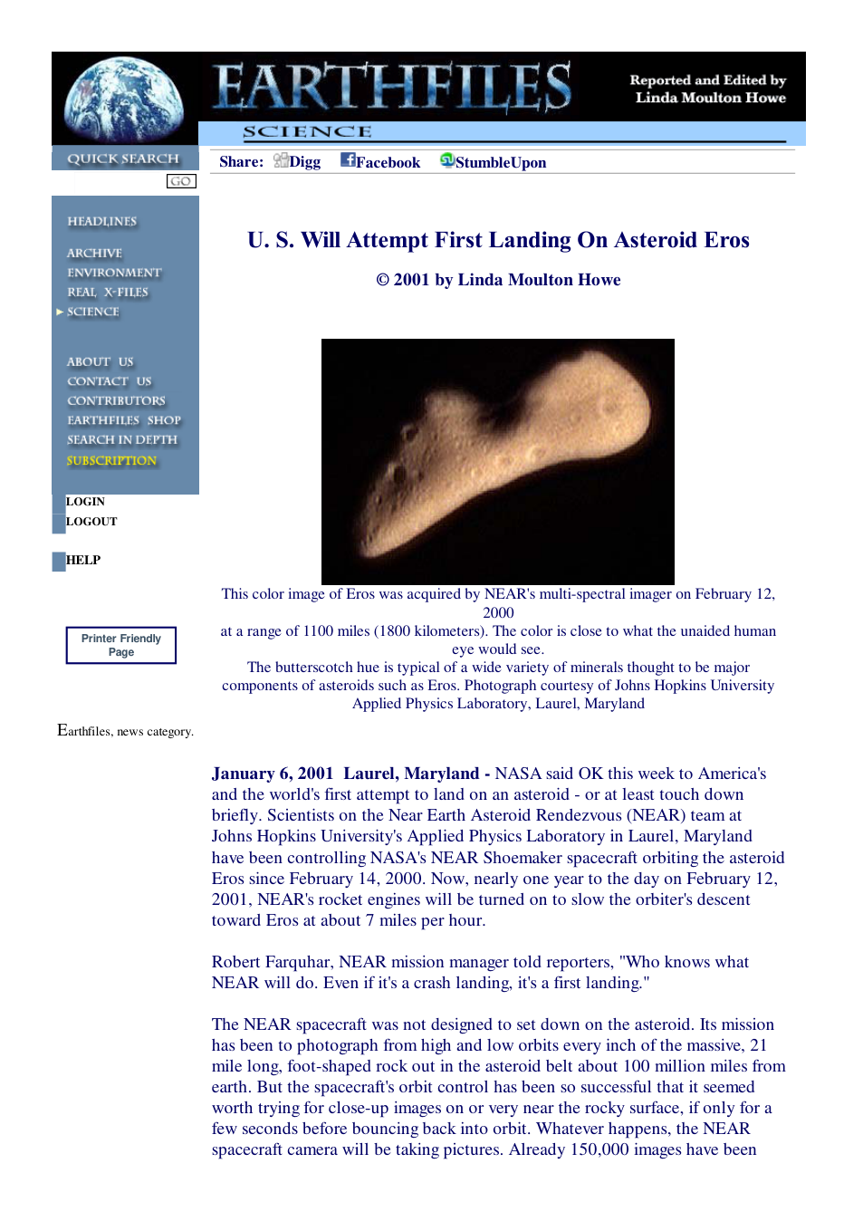 01 06 2001 U. S. Will Attempt First Landing On Asteroid Eros cover