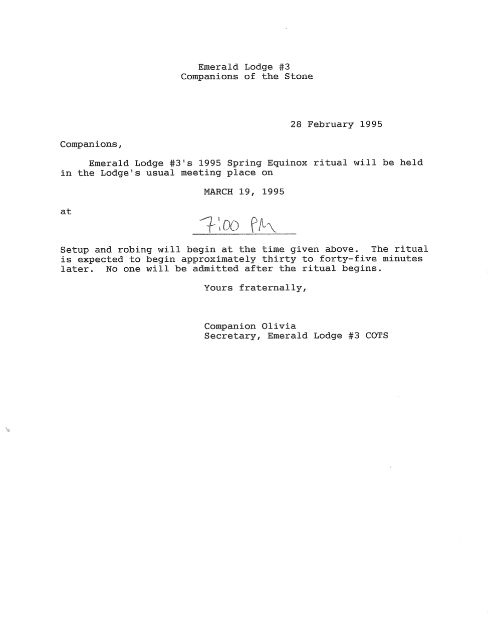 1995 Spring Equinox Announcement cover