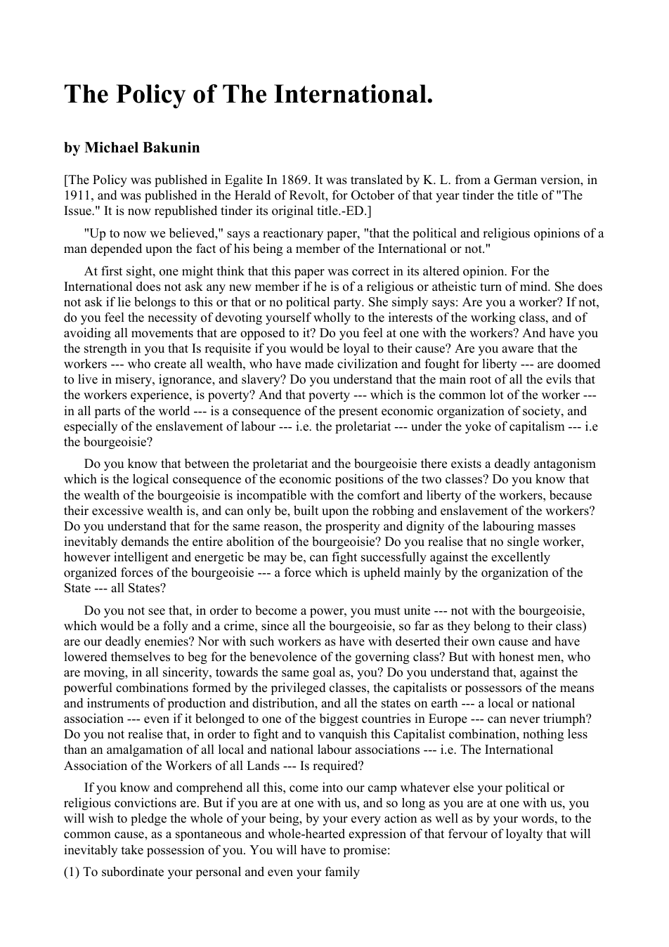 Miikhail Bakunin - The Policy of the International cover