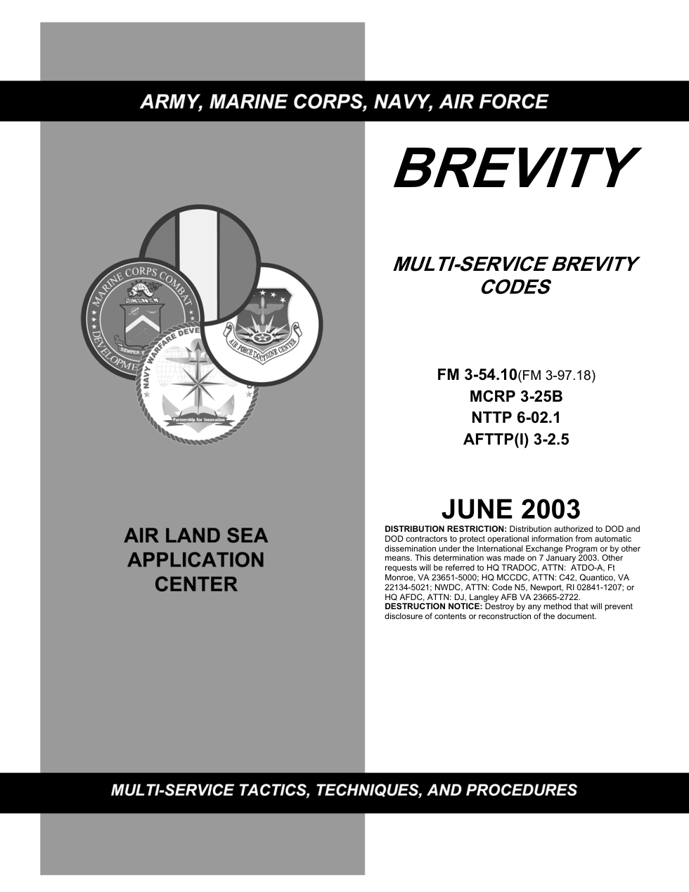USMC Multi-Service Brevity Codes 2003 50 pages cover