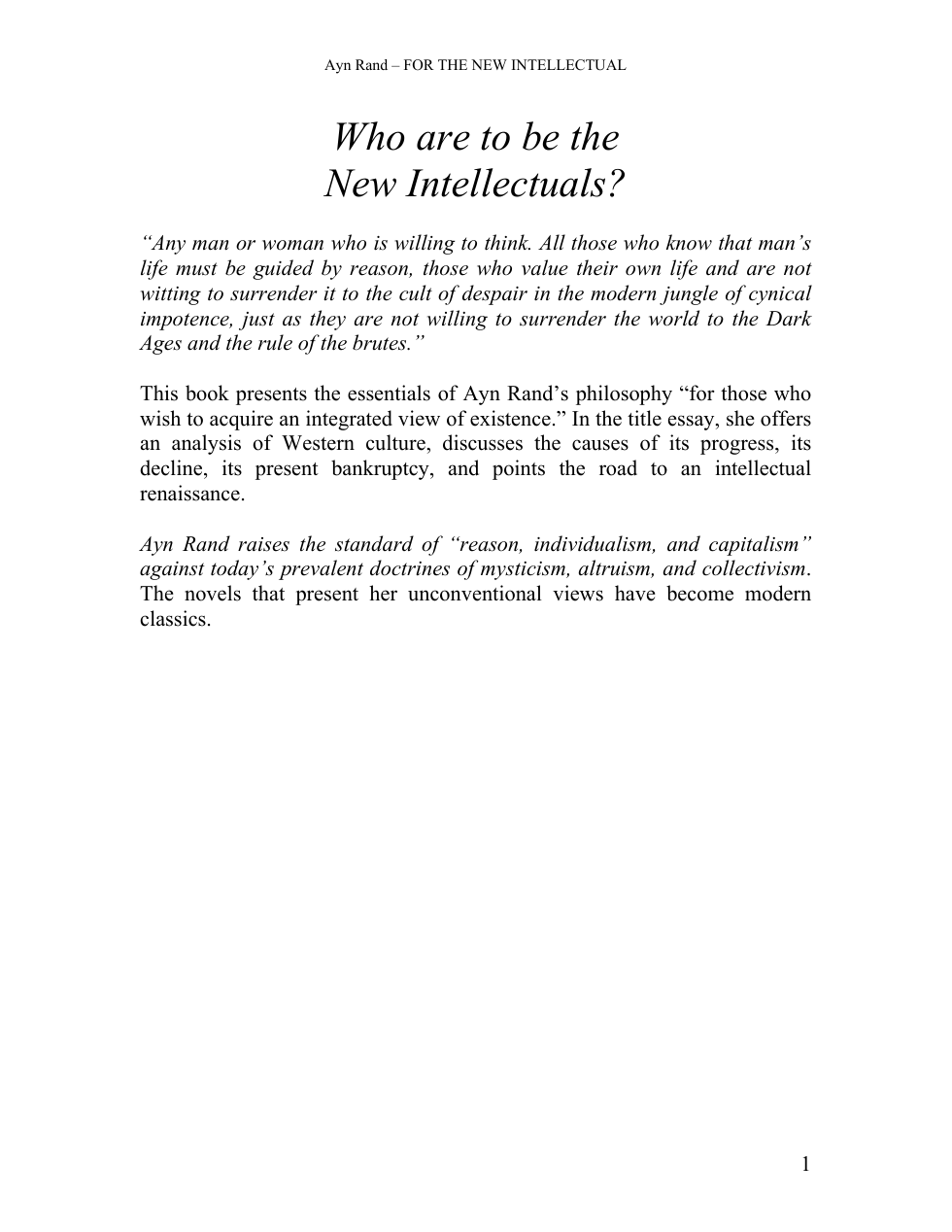 Ayn Rand - For The New Intellectual cover