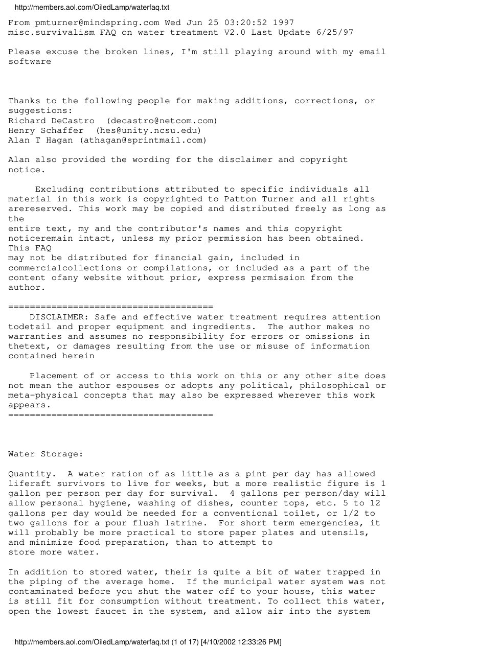 Water FAQ 1997 17 pages cover
