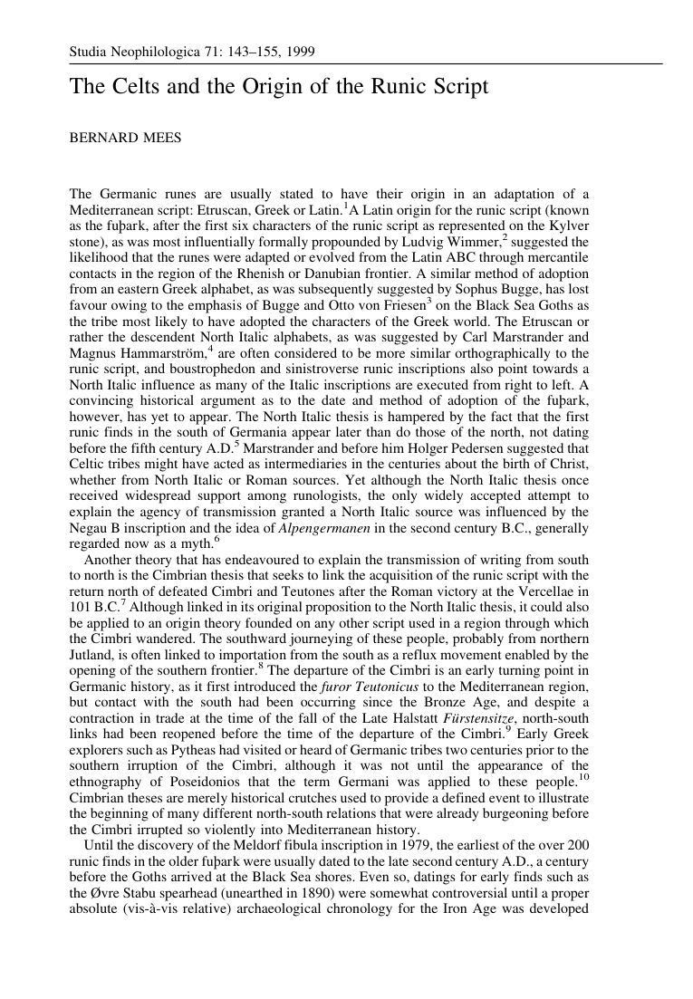 Mees, Bermard - The Celts and the Origin of the Runic Script, 143-55 cover