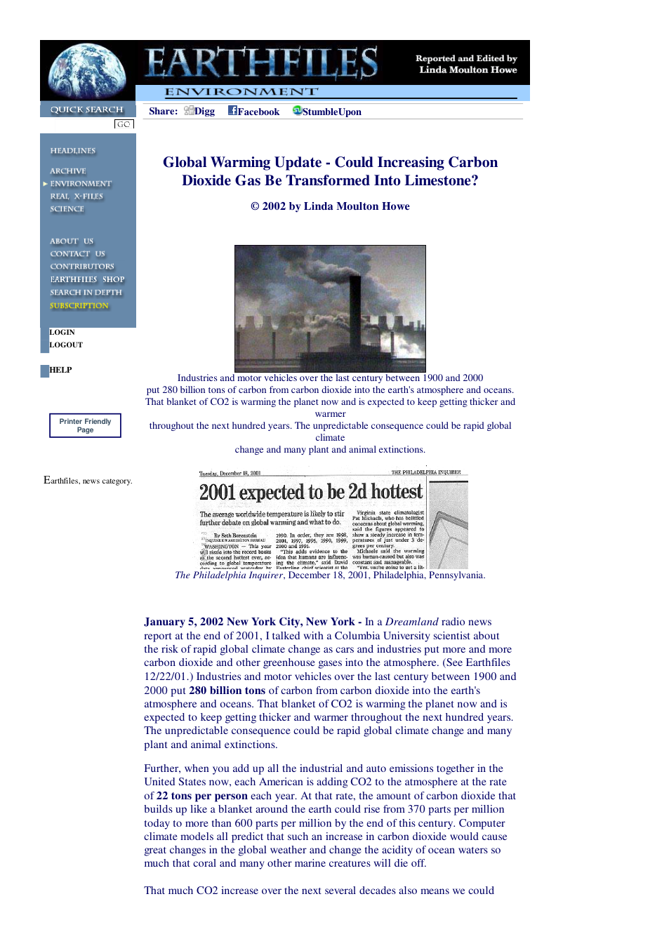 01 05 2002 Global Warming Update - Could Increasing Carbon Dioxide Gas Be Transformed Into Limestone cover