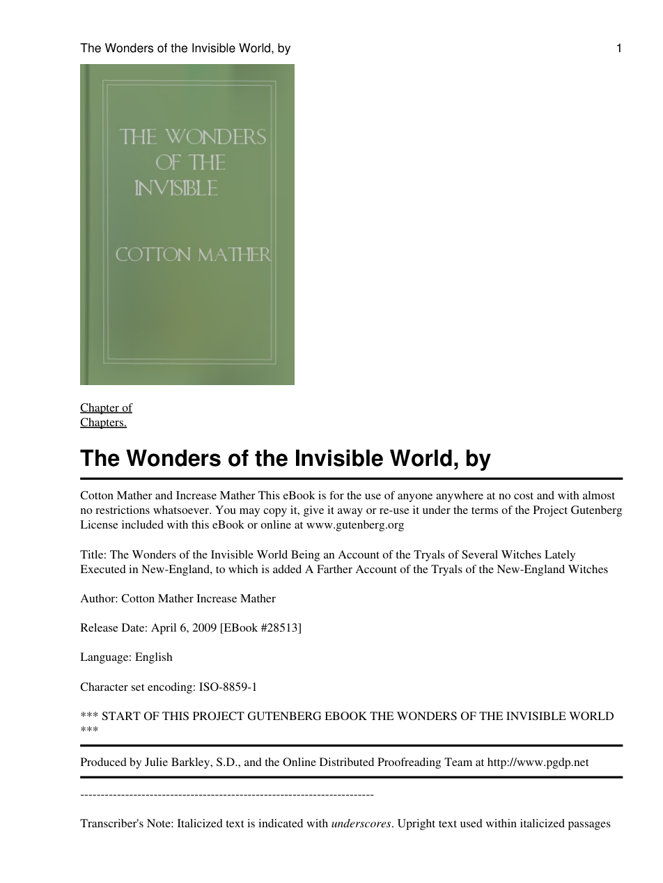 Cotton Mather - The Wonders of the Invisible World cover