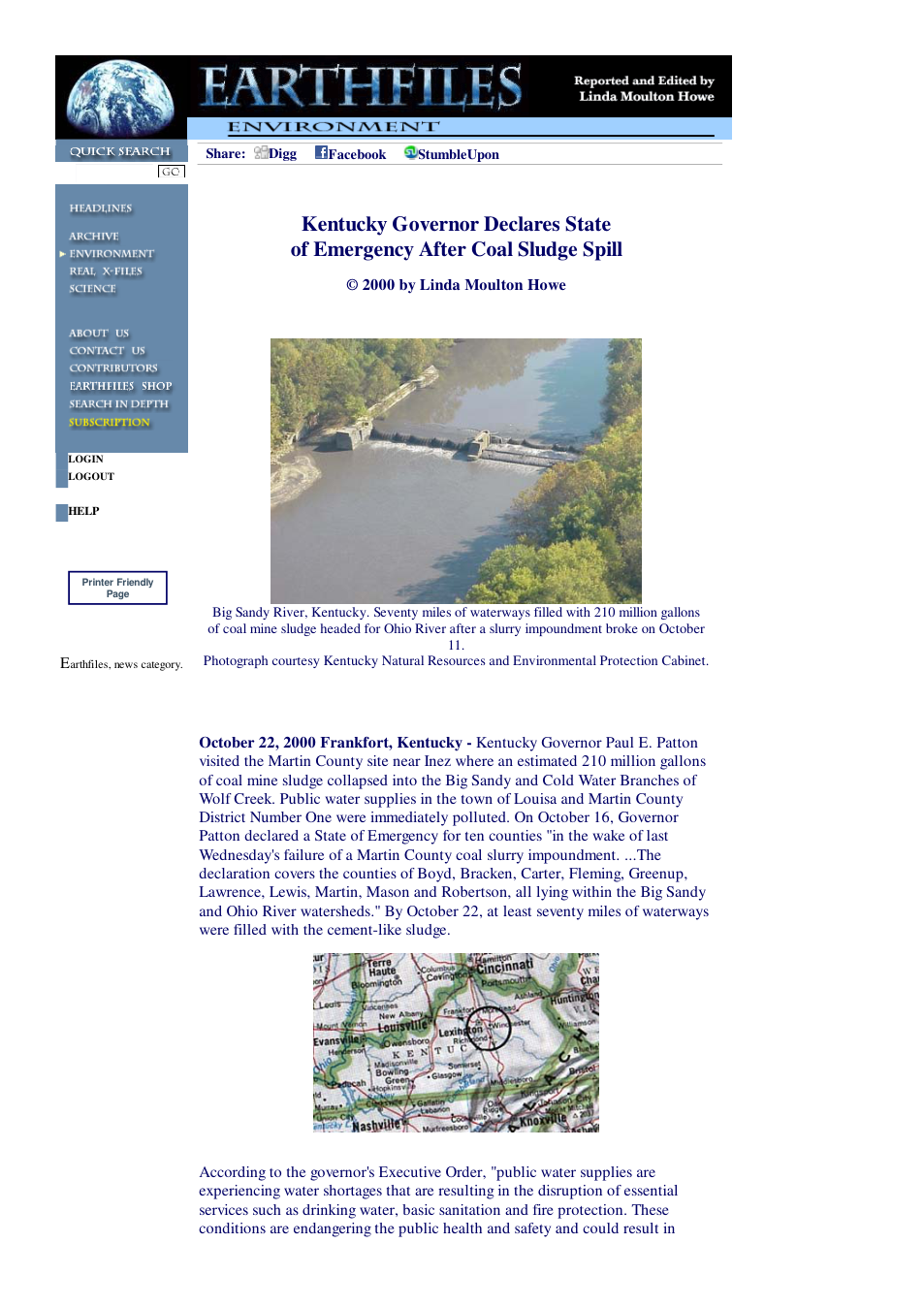 10 22 2000 Kentucky Governor Declares State of Emergency After Coal Sludge Spill cover