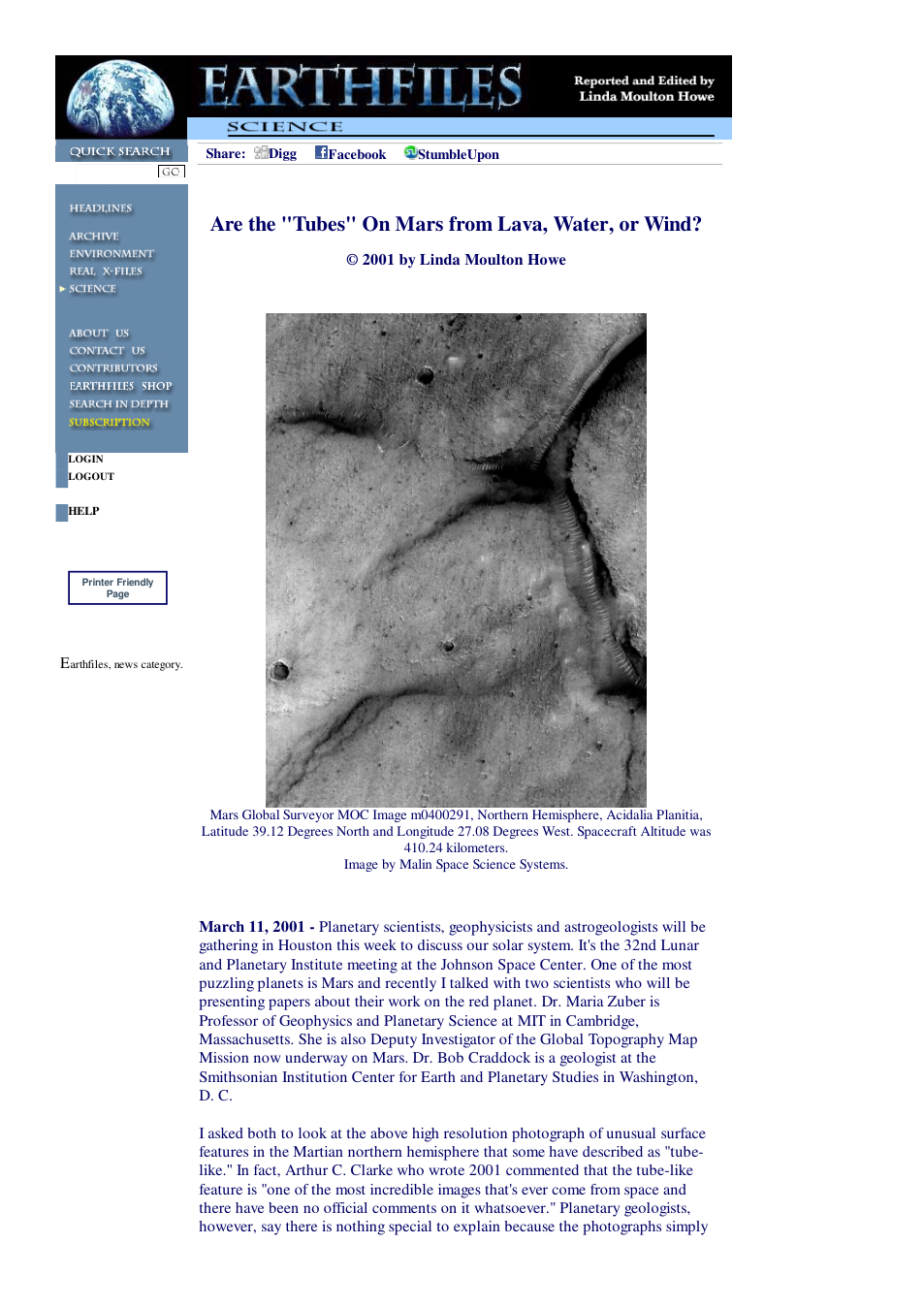 03 11 2001 Are the Tubes On Mars from Lava, Water, or Wind cover
