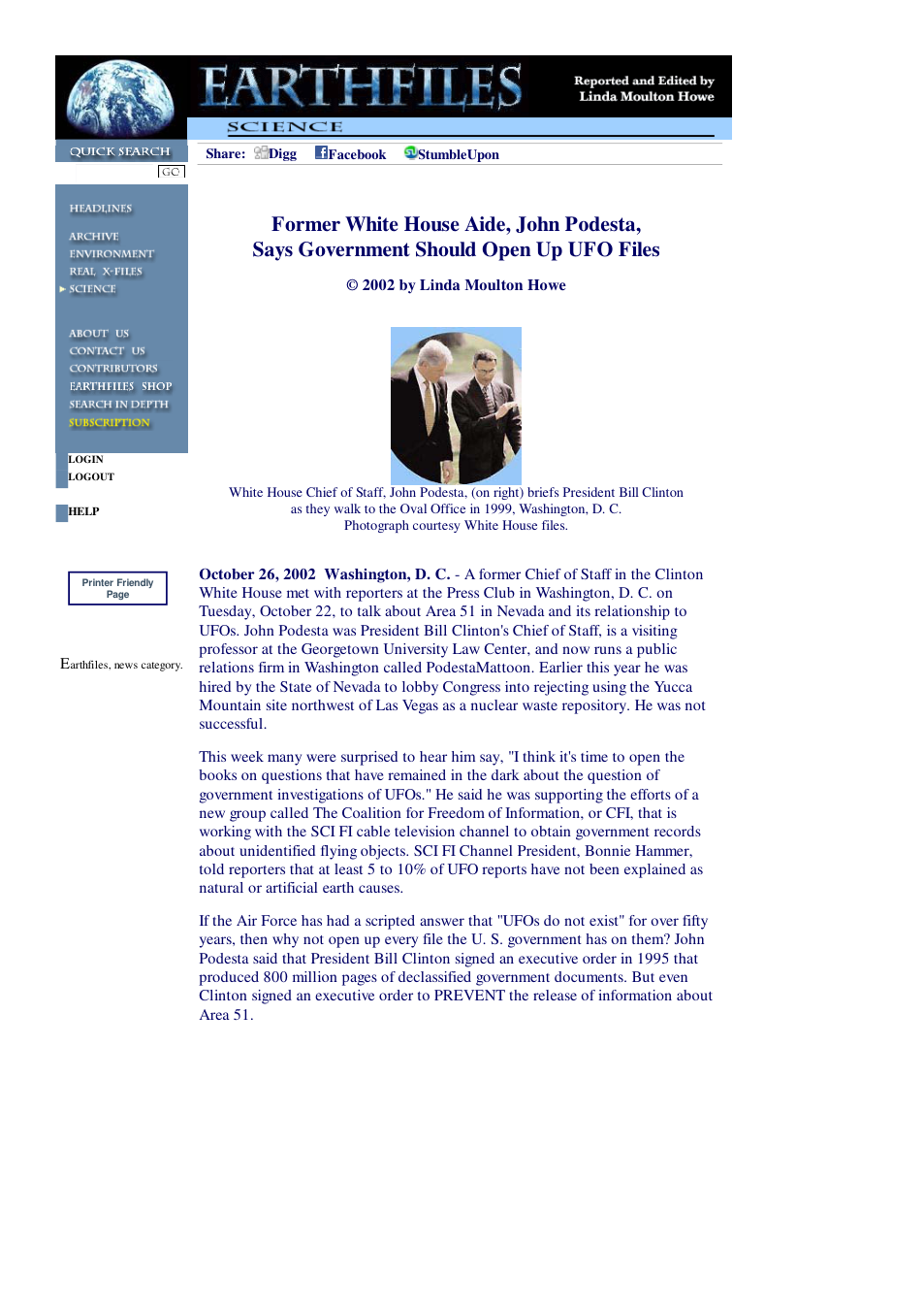 10 26 2002 Former White House Aide, John Podesta, Says Government Should Open Up UFO Files cover