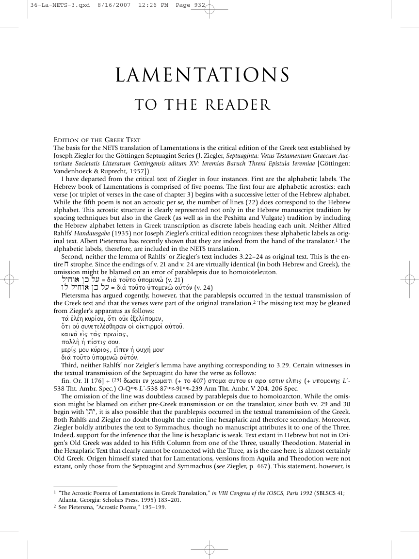 36 Lamentations, tr. Peter J. Gentry cover