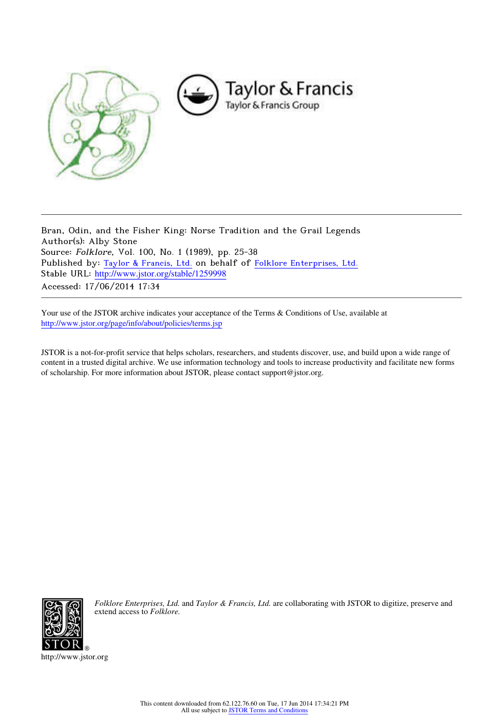 Alby Stone - Bran, Odin, and the Fisher King - Norse Tradition and the Grail Legends (Journal Article) cover