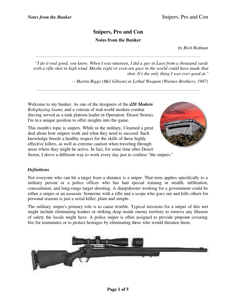 Snipers, Pros and Cons RPG description R. Redman 5 pages cover