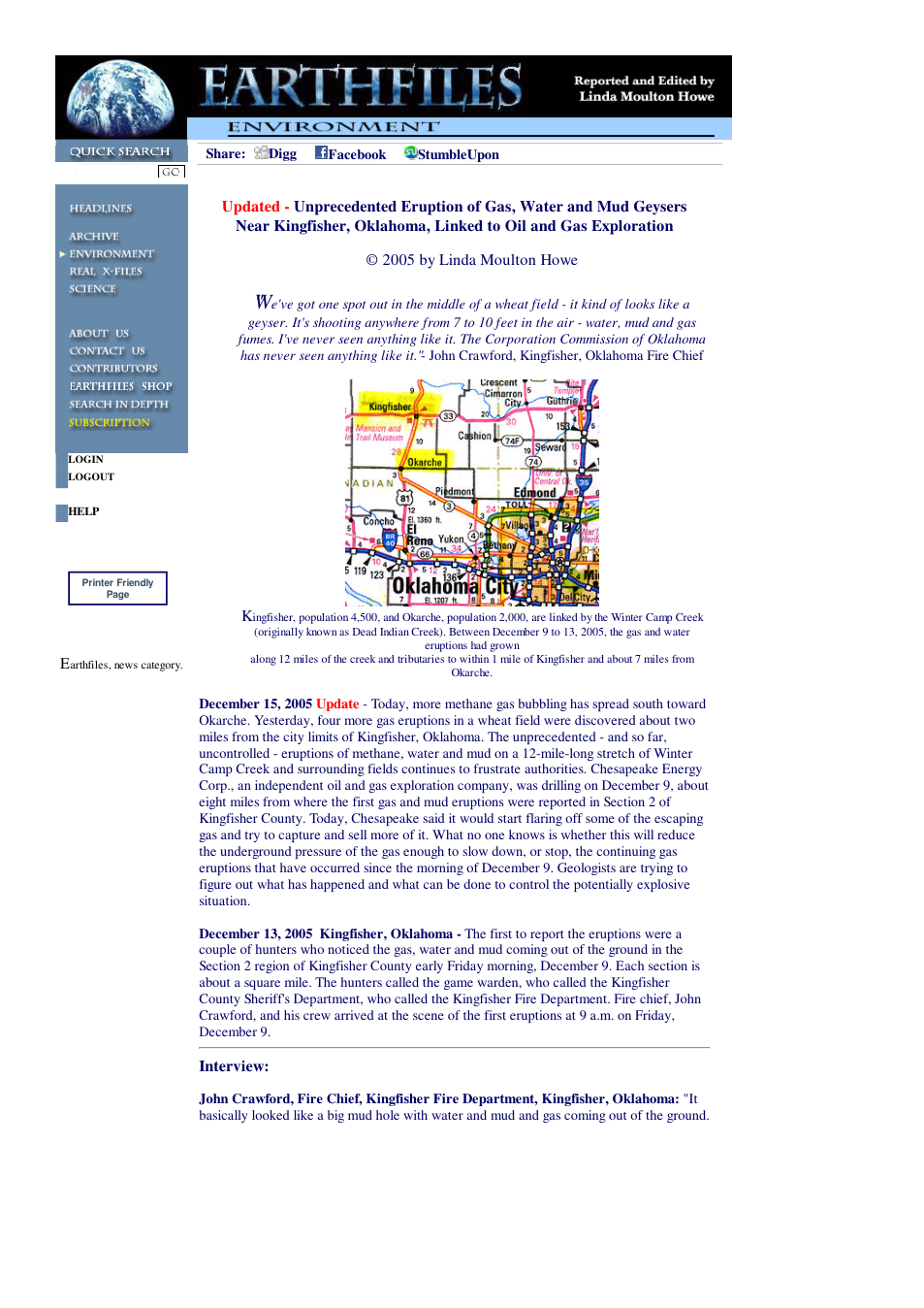 12 13 2005 Updated - Unprecedented Eruption of Gas, Water and Mud Geysers Near Kingfisher, Oklahoma, Linked to Oil and Gas Exploration cover