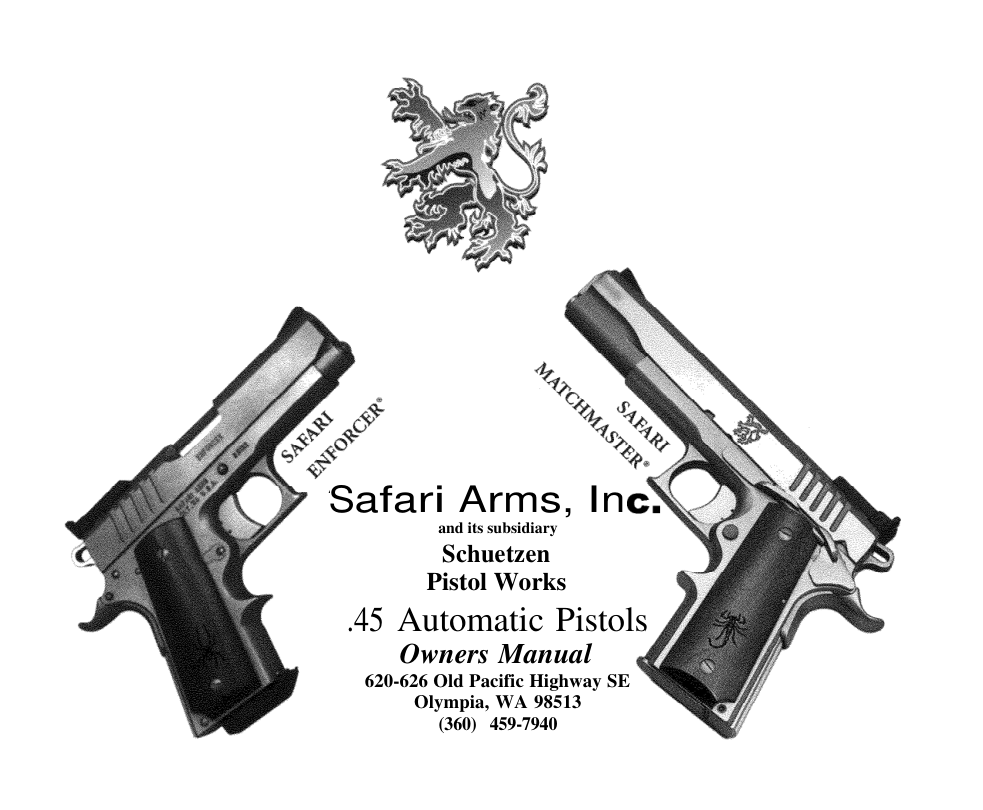 Safari Arms .45 Automatic Pistols Manual 42 pages cover