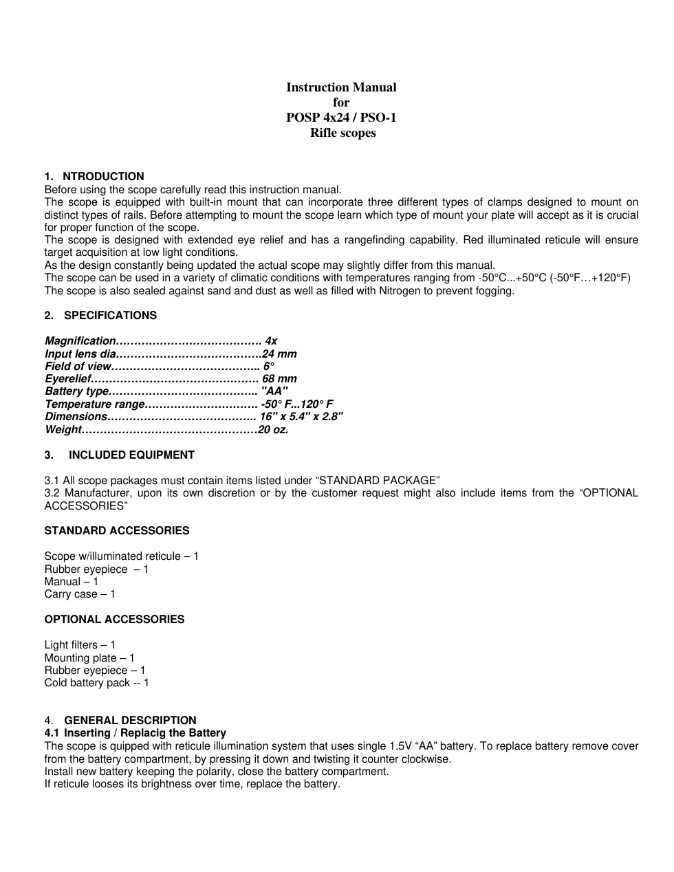 POSP 4x24, PSO-1 Rifle Scopes Instruction Manual cover