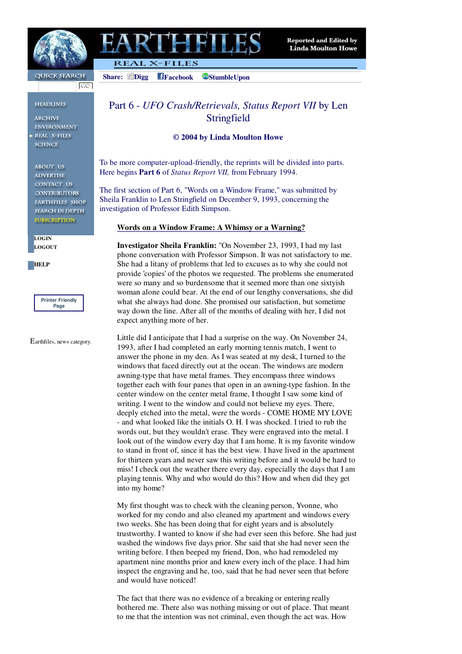 01 11 2004 Part 6 - UFO Crash Retrievals, Status Report VII by Len Stringfield cover