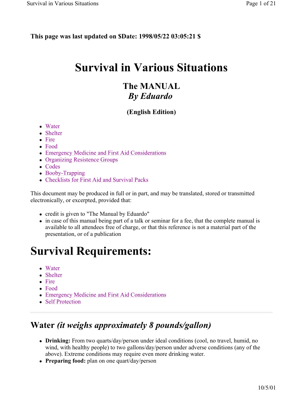 Survival in Various Situations by Edwardo 2001 21 pages cover