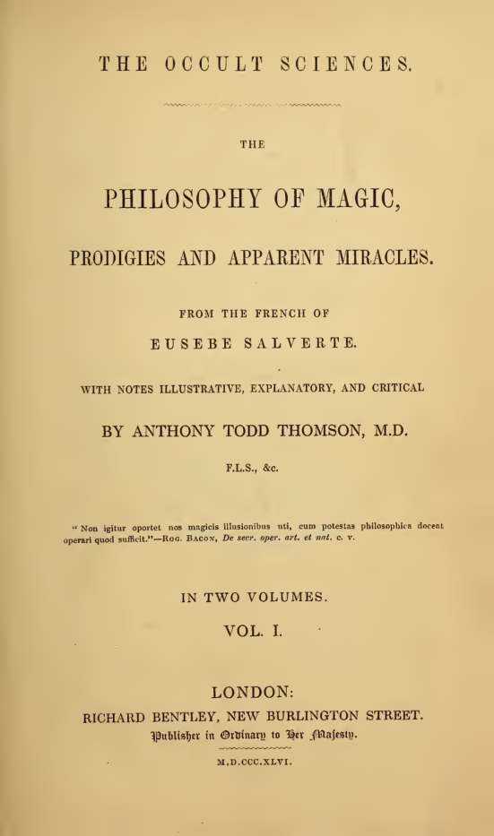 The Occult Sciences The Philosophy Of Magic, Prodigies And Apparent Miracles (1846) cover