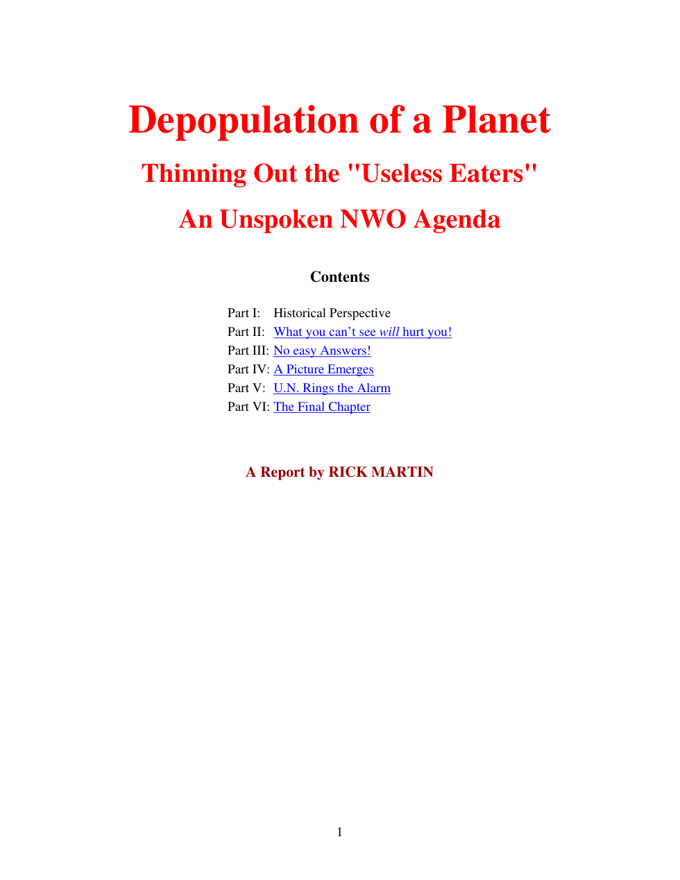 Martin - Depopulation of a Planet - Thinning Out the Useless Eaters - An Unspoken NWO Agenda cover