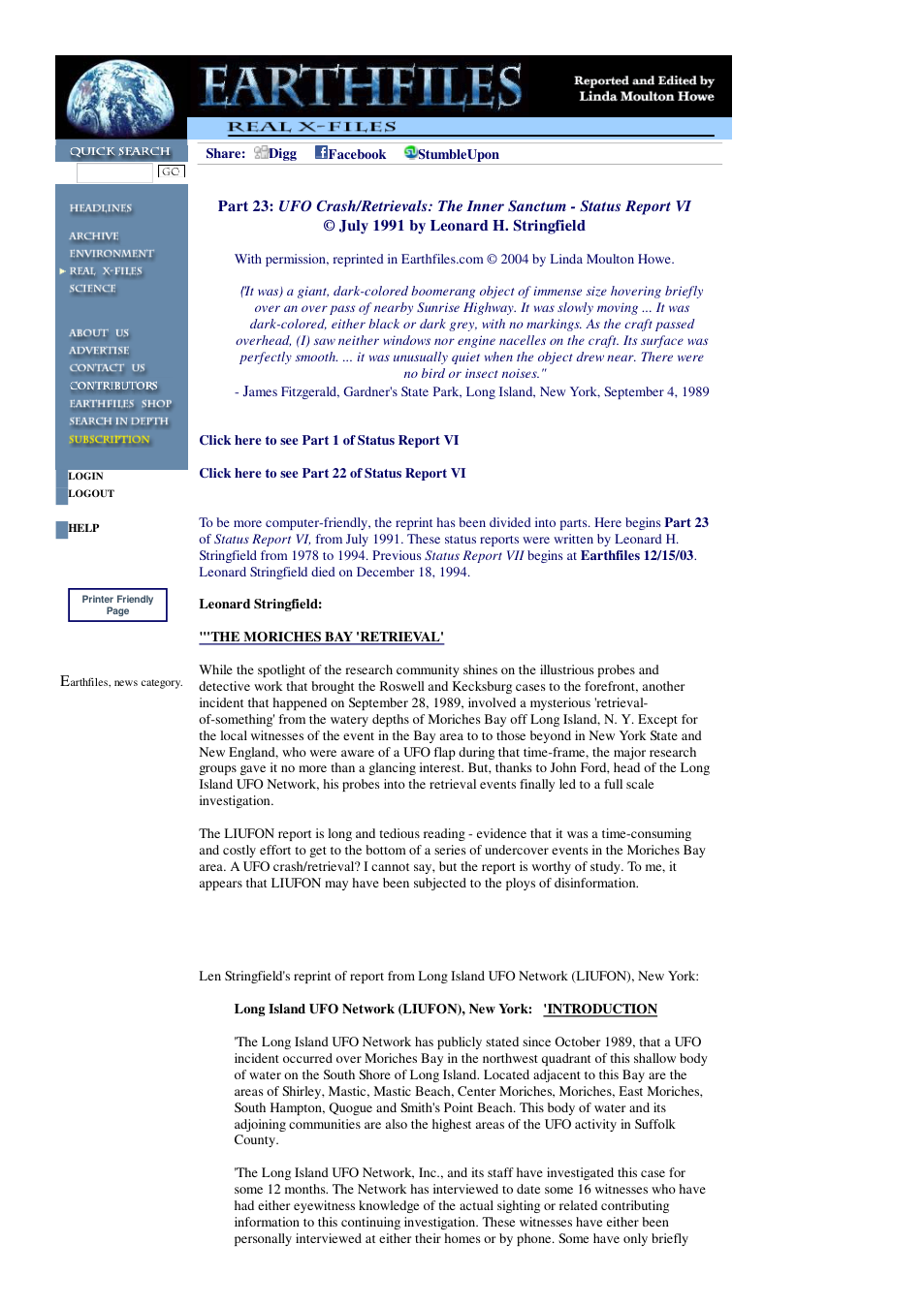 01 04 2005 Part 23 UFO Crash Retrievals The Inner Sanctum - Status Report VI July 1991 by Leonard H. Stringfield cover