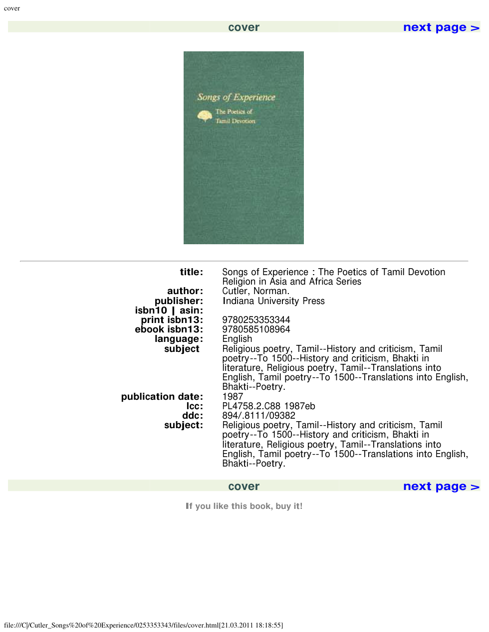 Songs of Experience - The Poetics of Tamil cover