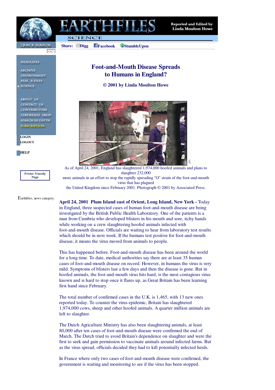 04 24 2001 Foot-and-Mouth Disease Spreads to Humans in England cover