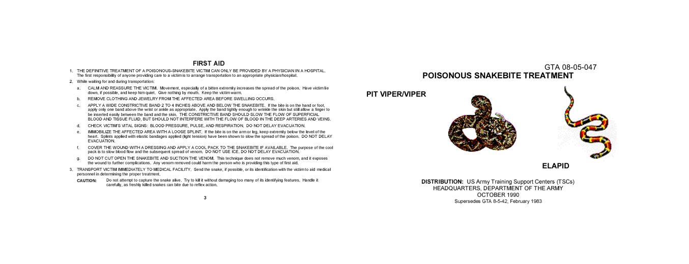ARMY Medical - Poisonous Snakebite Treatment 1990 4 pages cover
