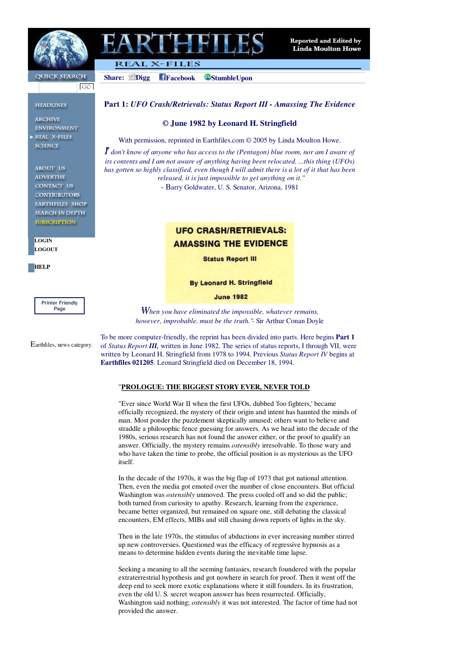 03 01 2005 Part 1 UFO Crash Retrievals Status Report III - Amassing The Evidence June 1982 by Leonard H. Stringfield cover