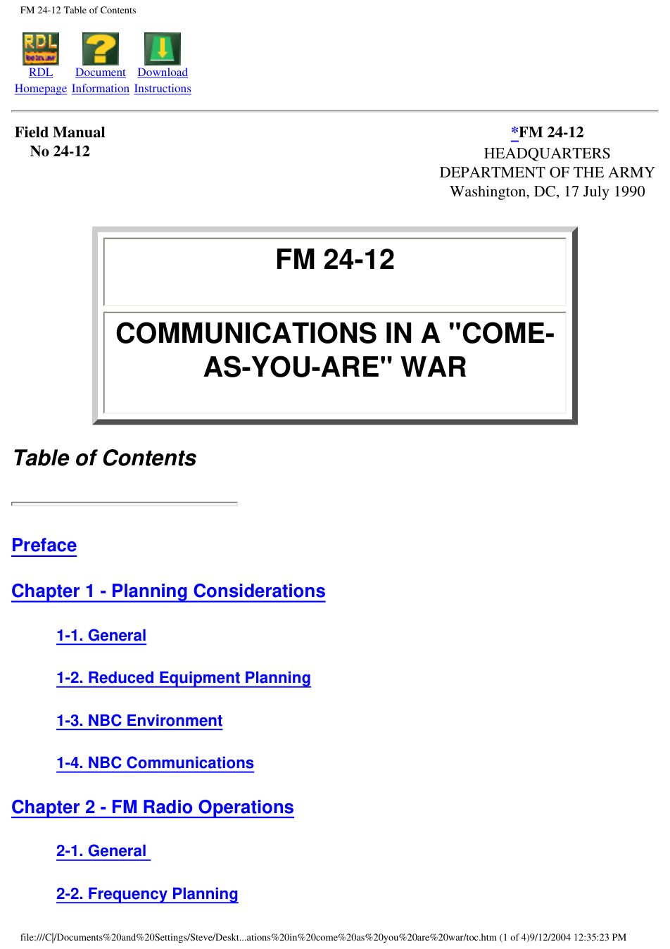 FM 24-12 Communications in a 'Come as You Are' War cover