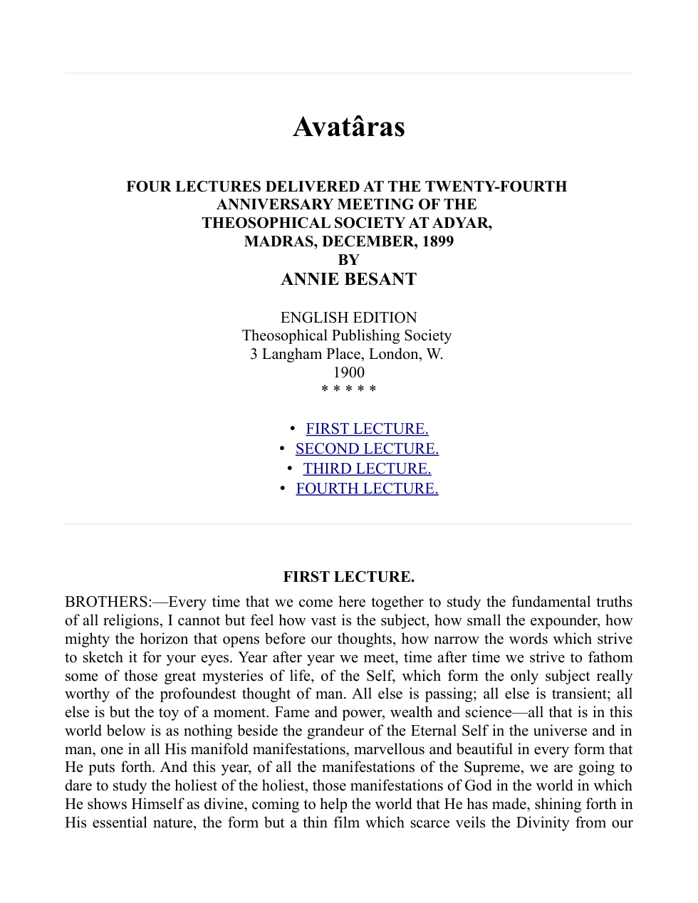 Annie Besant - Avatâras Four Lectures Delivered at the 24th Anniversary Meeting of the Theosophical Society at Adyar, Madras, Dec, 1899 (1983, Eastern School Press) cover
