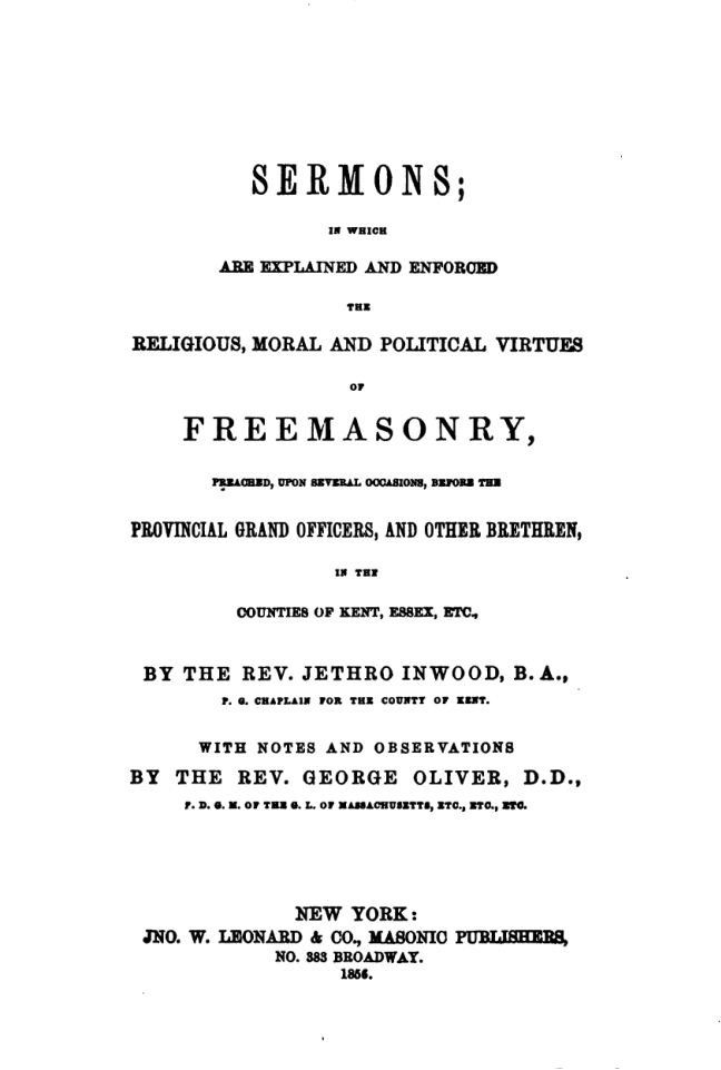Sermons On Freemasonry - Rev J Inwood cover