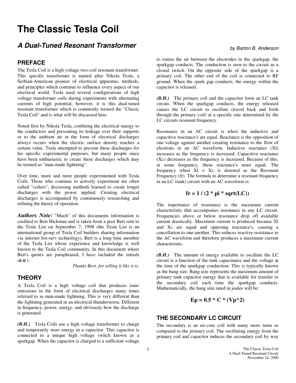 Classic Tesla Coil - A Dual-Tuned Resonant Transformer cover